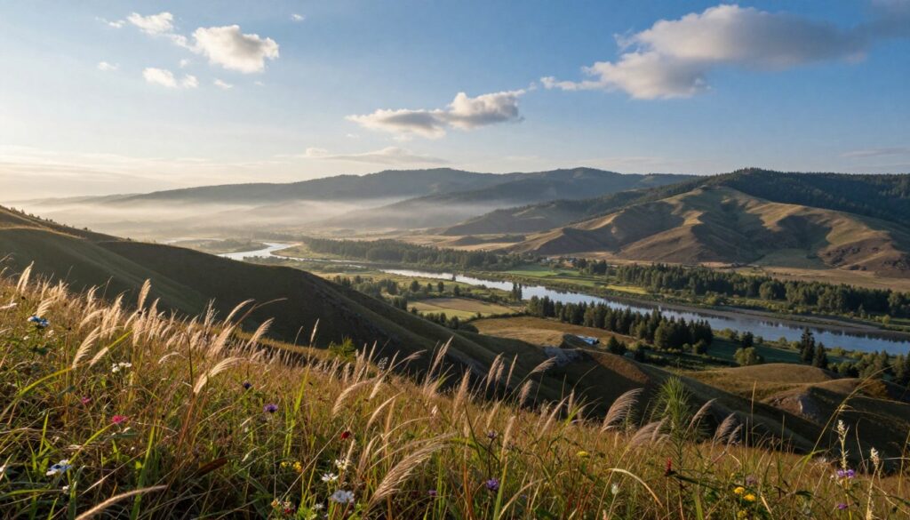 A panoramic view of the Far East, focusing on the border between North Korea and Russia. In the foreground, tall, swaying grasses frame the scene, with a blend of wildflowers adding color. The middle ground features a rugged landscape with rolling hills that transition into dense forests. A distant view of the North Korean mountains can be seen, shrouded in a soft morning mist, evoking a sense of mystery. The sky is a brilliant blue with scattered clouds, casting warm, diffused sunlight across the scene. A river meanders through the valley, reflecting the serene environment. Capture this tranquil border region from a slightly elevated angle, emphasizing the natural beauty and the distinct separation of the two nations, conveying a peaceful yet poignant atmosphere. A panoramic view of the Far East, focusing on the border between North Korea and Russia. In the foreground, tall, swaying grasses frame the scene, with a blend of wildflowers adding color. The middle ground features a rugged landscape with rolling hills that transition into dense forests. A distant view of the North Korean mountains can be seen, shrouded in a soft morning mist, evoking a sense of mystery. The sky is a brilliant blue with scattered clouds, casting warm, diffused sunlight across the scene. A river meanders through the valley, reflecting the serene environment. Capture this tranquil border region from a slightly elevated angle, emphasizing the natural beauty and the distinct separation of the two nations, conveying a peaceful yet poignant atmosphere.