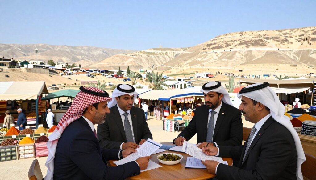 A panoramic view of the Israel border region, showcasing economic aspects of neighboring countries. In the foreground, depict a collaborative business meeting between Israeli and neighboring merchants, dressed in professional attire, exchanging documents and discussing trade opportunities. In the middle ground, illustrate markets filled with spices, textiles, and local products, hinting at the vibrant trade exchanges in the area. The background should feature a blend of landscapes representing the borders of Israel, Jordan, and Palestine, with mountains and deserts under a clear blue sky. Utilize warm, bright lighting to create an inviting atmosphere, capturing a sense of cooperation and economic growth in the Middle Eastern region. The angle should be slightly elevated, giving a comprehensive view of the dynamic landscape and bustling trade activities. A panoramic view of the Israel border region, showcasing economic aspects of neighboring countries. In the foreground, depict a collaborative business meeting between Israeli and neighboring merchants, dressed in professional attire, exchanging documents and discussing trade opportunities. In the middle ground, illustrate markets filled with spices, textiles, and local products, hinting at the vibrant trade exchanges in the area. The background should feature a blend of landscapes representing the borders of Israel, Jordan, and Palestine, with mountains and deserts under a clear blue sky. Utilize warm, bright lighting to create an inviting atmosphere, capturing a sense of cooperation and economic growth in the Middle Eastern region. The angle should be slightly elevated, giving a comprehensive view of the dynamic landscape and bustling trade activities.