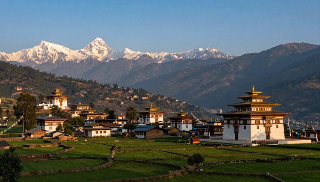 A panoramic view showcasing the majestic landscapes of Nepal and Bhutan, highlighting their geographical proximity. In the foreground, depict lush green terraced fields interspersed with traditional rural villages, illustrating the agricultural heart of Nepal. Transitioning into the middle ground, feature the dramatic outline of the Himalayan mountain range, with snow-capped peaks under a clear blue sky. In the background, add elements of Bhutanese architecture, such as ornate dzong fortresses and prayer flags fluttering in the wind against the mountainous backdrop. Capture the scene during golden hour, with soft, warm lighting casting long shadows, enhancing the serene and peaceful atmosphere of this unique border region. No people or text elements should be included in the image.