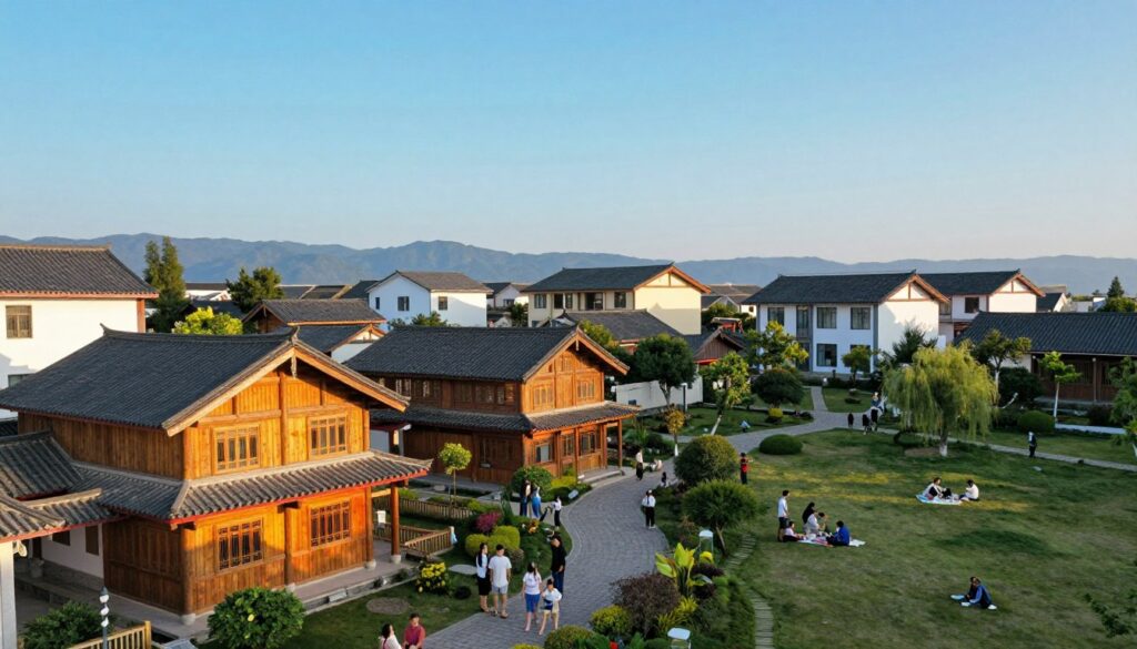 A peaceful Asian neighborhood depicting a harmonious blend of different architectural styles. In the foreground, traditional wooden houses with vibrant colors and intricate designs sit alongside modern buildings. People dressed in modest casual clothing engage in friendly conversations, showcasing a sense of community. The middle ground features lush green parks with well-maintained paths, where children play and families enjoy picnics. In the background, the silhouettes of distant mountains can be seen under a clear blue sky, conveying a serene atmosphere. The image should be illuminated by warm sunlight, casting gentle shadows and creating a welcoming vibe. The perspective is slightly elevated, offering a panoramic view of this vibrant neighborhood and its cultural richness. A peaceful Asian neighborhood depicting a harmonious blend of different architectural styles. In the foreground, traditional wooden houses with vibrant colors and intricate designs sit alongside modern buildings. People dressed in modest casual clothing engage in friendly conversations, showcasing a sense of community. The middle ground features lush green parks with well-maintained paths, where children play and families enjoy picnics. In the background, the silhouettes of distant mountains can be seen under a clear blue sky, conveying a serene atmosphere. The image should be illuminated by warm sunlight, casting gentle shadows and creating a welcoming vibe. The perspective is slightly elevated, offering a panoramic view of this vibrant neighborhood and its cultural richness.