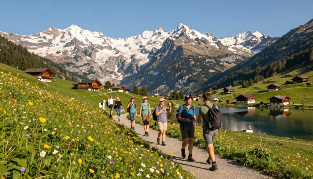 A picturesque alpine landscape showcasing the essence of tourism in the region. In the foreground, a well-defined hiking trail lined with vibrant wildflowers and lush greenery, hinting at adventure and exploration. A group of tourists in modest hiking attire, joyfully interacting while taking photos. The middle ground features majestic snow-capped mountains against a clear blue sky, with patches of sunlight illuminating the rugged peaks. In the background, serene alpine lakes reflect the stunning scenery, while quaint wooden chalets dot the hillsides, embodying the charm of the region. The atmosphere is uplifting and serene, evoking a sense of wanderlust and tranquility, captured in bright, natural lighting with a warm color palette. Use a wide-angle lens to encapsulate the vastness and beauty of this thriving alpine destination. A picturesque alpine landscape showcasing the essence of tourism in the region. In the foreground, a well-defined hiking trail lined with vibrant wildflowers and lush greenery, hinting at adventure and exploration. A group of tourists in modest hiking attire, joyfully interacting while taking photos. The middle ground features majestic snow-capped mountains against a clear blue sky, with patches of sunlight illuminating the rugged peaks. In the background, serene alpine lakes reflect the stunning scenery, while quaint wooden chalets dot the hillsides, embodying the charm of the region. The atmosphere is uplifting and serene, evoking a sense of wanderlust and tranquility, captured in bright, natural lighting with a warm color palette. Use a wide-angle lens to encapsulate the vastness and beauty of this thriving alpine destination.
