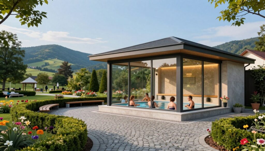 A picturesque pijalnia wód (water drinking hall) situated in the heart of Iwonicz-Zdrój, surrounded by lush green gardens and vibrant flowers. In the foreground, a sleek, modern architecturally designed pavilion with large glass windows that invite natural light, showcasing people dressed in modest, professional attire enjoying the healing waters. The middle ground features a cobblestone pathway leading to the pavilion, lined with manicured hedges and benches for relaxation. In the background, gentle rolling hills and distant mountains provide a serene backdrop under a clear blue sky, enhancing the tranquil atmosphere. Soft, warm lighting creates a welcoming mood, emphasizing the pavilion's inviting nature and the refreshing experience of the spa town.