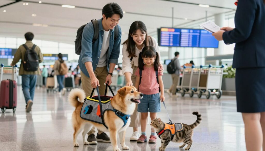 A picturesque scene at an airport terminal featuring a cheerful family with a medium-sized dog and a playful cat, both wearing colorful pet travel harnesses. In the foreground, the family is interacting with an airport staff member, who is checking their documents. The family members are dressed in casual, comfortable clothing. The background shows a vibrant airport environment with luggage carts, travelers, and digital flight information displays. Soft, natural lighting illuminates the scene, creating an inviting atmosphere. The colors are bright and lively, emphasizing a sense of excitement and adventure, conveying the importance of pets' travel documentation while maintaining a welcoming vibe. A picturesque scene at an airport terminal featuring a cheerful family with a medium-sized dog and a playful cat, both wearing colorful pet travel harnesses. In the foreground, the family is interacting with an airport staff member, who is checking their documents. The family members are dressed in casual, comfortable clothing. The background shows a vibrant airport environment with luggage carts, travelers, and digital flight information displays. Soft, natural lighting illuminates the scene, creating an inviting atmosphere. The colors are bright and lively, emphasizing a sense of excitement and adventure, conveying the importance of pets' travel documentation while maintaining a welcoming vibe.