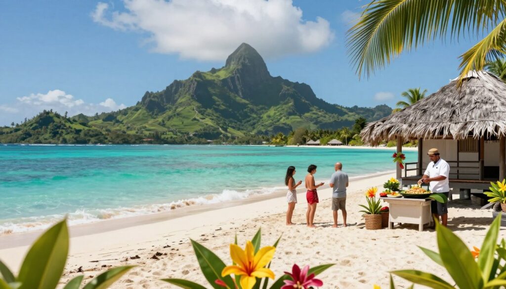 A picturesque scene of French Polynesia, showcasing a stunning tropical beach with crystal-clear turquoise waters gently lapping at white sandy shores. In the foreground, a vibrant arrangement of tropical flowers and palm fronds leads to a traditional overwater bungalow. The middle ground features people in modest casual clothing enjoying the sun and a local chef preparing traditional Polynesian dishes, like poisson cru, at a beachside stand. In the background, lush green mountains rise majestically under a bright blue sky, with soft, fluffy clouds overhead. The scene is bathed in warm sunlight, evoking a relaxed and inviting atmosphere, ideal for vacation and exploration. The composition is framed with a wide-angle perspective to capture the beauty of the environment in a serene and idyllic manner. A picturesque scene of French Polynesia, showcasing a stunning tropical beach with crystal-clear turquoise waters gently lapping at white sandy shores. In the foreground, a vibrant arrangement of tropical flowers and palm fronds leads to a traditional overwater bungalow. The middle ground features people in modest casual clothing enjoying the sun and a local chef preparing traditional Polynesian dishes, like poisson cru, at a beachside stand. In the background, lush green mountains rise majestically under a bright blue sky, with soft, fluffy clouds overhead. The scene is bathed in warm sunlight, evoking a relaxed and inviting atmosphere, ideal for vacation and exploration. The composition is framed with a wide-angle perspective to capture the beauty of the environment in a serene and idyllic manner.