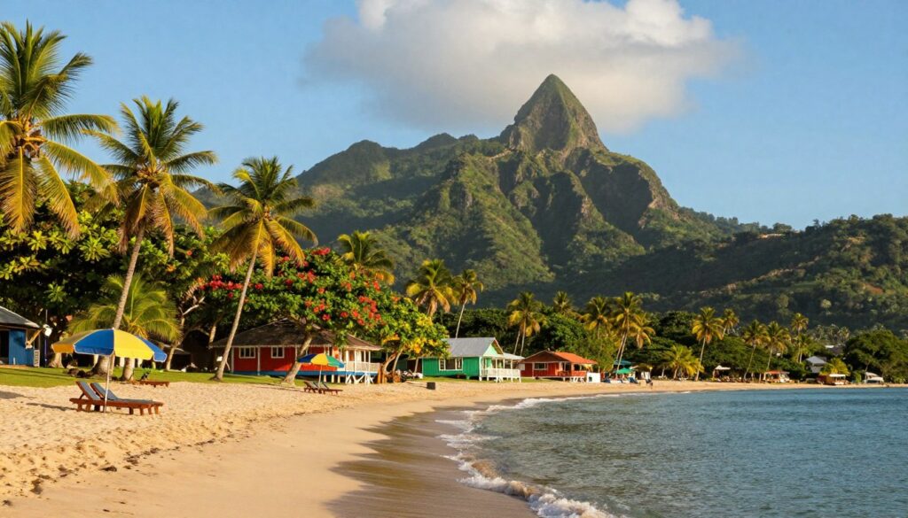 A picturesque view of Saint Kitts and Nevis, showcasing the lush green mountains and serene beaches of the islands. In the foreground, a sandy beach with gentle waves lapping at the shore, dotted with a few colorful beach umbrellas and sun loungers, creating a tranquil atmosphere. In the middle ground, a vibrant tropical landscape features palm trees and exotic flora, with a glimpse of traditional Caribbean architecture – charming wooden houses painted in bright colors. The background reveals majestic volcanic mountains under a clear blue sky, with fluffy white clouds adding depth. Soft, golden sunlight bathes the scene, evoking a sense of peace and natural beauty. The overall mood conveys relaxation and the enchanting allure of a true Caribbean paradise, perfect for capturing the essence of Saint Kitts and Nevis.