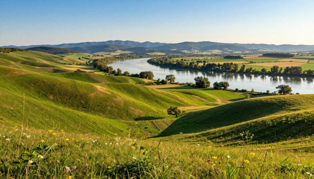 A picturesque view of the Pannonian Plain in Hungary, showcasing its unique topography. In the foreground, gently rolling hills are dotted with lush green fields and patches of wildflowers, creating a vibrant contrast. In the middle ground, the Danube River meanders through the landscape, reflecting the bright blue sky above. Sparse clusters of trees line the riverbanks, adding depth and dimension. In the background, distant mountains rise majestically under a clear sky, suggesting a serene atmosphere. The lighting is warm and inviting, capturing the golden hues of late afternoon sun. Shot with a wide-angle lens, the scene conveys a sense of expansive beauty and tranquility, embodying the character of Hungary's borders and terrain.