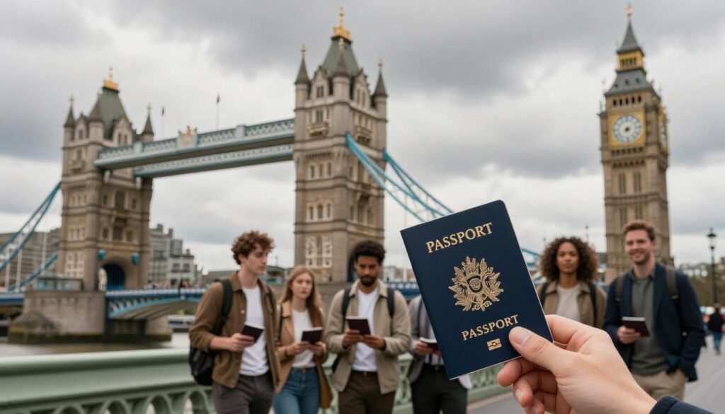 A picturesque view of the United Kingdom, showcasing iconic elements like the Tower Bridge and Big Ben in the foreground. In the middle ground, include a diverse group of travelers with passports in hand, dressed in smart casual clothing, symbolizing readiness for their journey. The background features a cloudy sky typical of British weather, adding a dramatic touch. Use soft, diffused natural lighting that suggests an early morning ambiance, with shadows creating depth. The angle should be slightly elevated, capturing the excitement of travel while emphasizing the requirement of valid travel documents. The atmosphere should evoke a sense of anticipation and adventure, reflecting the importance of passport validity before embarking on a trip.