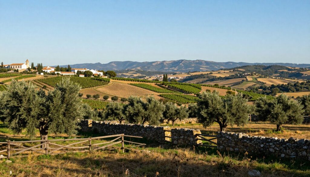 A picturesque view of the border between Spain and Portugal, showcasing the longest land boundary in the Iberian Peninsula. In the foreground, depict a scenic landscape with rolling hills, dotted with olive trees and vineyards typical of the region. The middle ground should feature a rustic stone wall or an old wooden fence marking the border, emphasizing the natural beauty of the area. In the background, include a blend of Spanish and Portuguese countryside, with distant mountains under a clear blue sky. Soft, warm sunlight casts gentle shadows, creating a serene atmosphere. Use a wide-angle lens perspective to enhance the grandeur of the landscape, ensuring the image portrays a peaceful coexistence between the two nations.