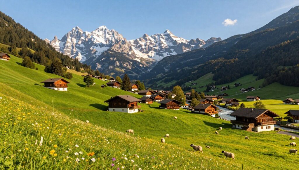 A picturesque view of the southern borders of Germany, nestled in the shadow of the majestic Alps. In the foreground, vibrant green hills and meadows teeming with wildflowers lead into rolling fields, dotted with grazing sheep. The middle ground features a quaint, traditional Alpine village with wooden chalets and a river flowing gently through it. In the background, towering snow-capped peaks of the Alps rise dramatically against a clear blue sky, illuminated by soft golden sunlight, creating a serene atmosphere. The lens captures the scene from a slightly elevated angle, offering a sweeping vista that highlights the natural beauty and geography of the region, embodying the essence of peaceful coexistence between mountains and valleys. A picturesque view of the southern borders of Germany, nestled in the shadow of the majestic Alps. In the foreground, vibrant green hills and meadows teeming with wildflowers lead into rolling fields, dotted with grazing sheep. The middle ground features a quaint, traditional Alpine village with wooden chalets and a river flowing gently through it. In the background, towering snow-capped peaks of the Alps rise dramatically against a clear blue sky, illuminated by soft golden sunlight, creating a serene atmosphere. The lens captures the scene from a slightly elevated angle, offering a sweeping vista that highlights the natural beauty and geography of the region, embodying the essence of peaceful coexistence between mountains and valleys.