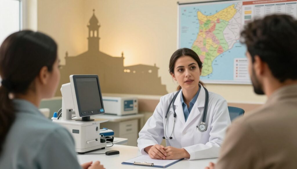 A professional medical scene showcasing healthcare and wellness in Jordan. In the foreground, a compassionate healthcare worker in professional attire is consulting with a patient, conveying empathy and attention. In the middle ground, there are medical equipment and charts, symbolizing modern healthcare practices. The background features the silhouette of a healthcare facility, perhaps a hospital or clinic, with a map of Jordan prominently displayed, highlighting its geographical significance. The lighting is warm and inviting, suggesting a sense of safety and care. The image captures a mood of hope and professionalism, underlining the importance of health and medical care in the region. The angle is slightly elevated, providing a broad view of the entire scene.