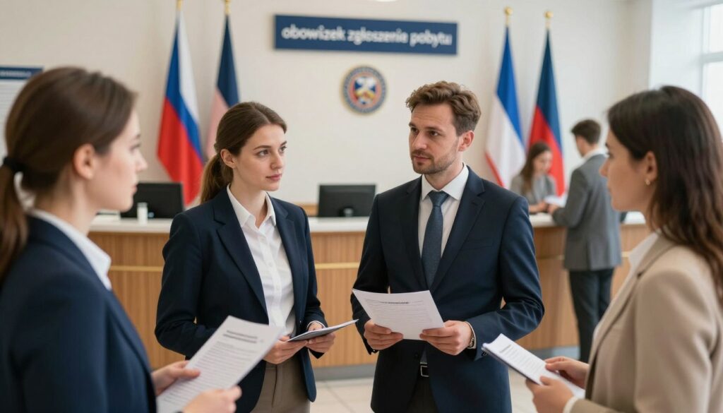 A professional setting highlighting the concept of "obowiązek zgłoszenia pobytu" in the Czech Republic. In the foreground, a diverse group of individuals in business attire, including a male and female holding documents and discussing, to represent the process of reporting their stay. In the middle, a well-organized reception area of a government building with Czech flags and a sign indicating "Registration Office" in the background. Soft, natural lighting illuminates the scene, enhancing the official atmosphere. Capture the image from a slightly elevated angle to convey depth, with a warm and welcoming mood, emphasizing the importance of adhering to residency regulations in a respectful, clear manner.