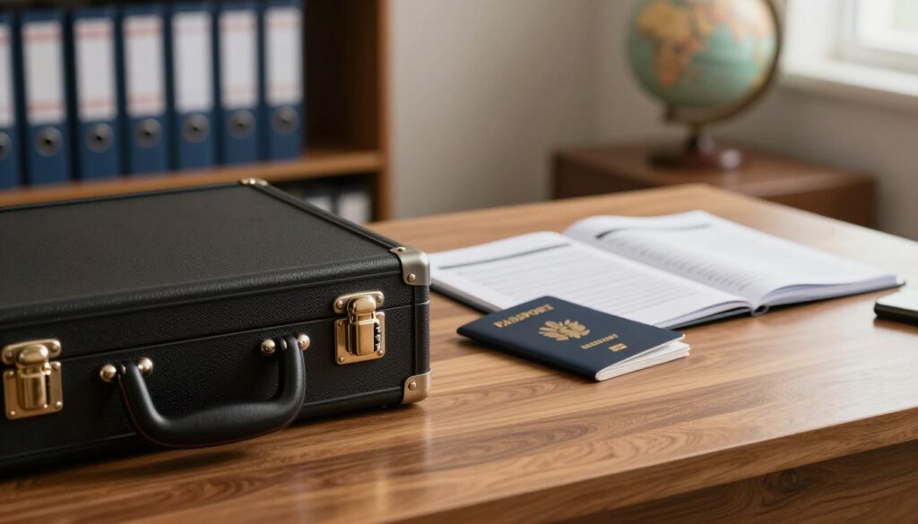 A professional setting illustrating document safety, featuring a close-up of a secure locked briefcase on a polished wooden desk in the foreground. The briefcase is adorned with a combination lock, emphasizing security. In the middle ground, there are neatly arranged passports and travel documents under a soft, warm light, showcasing their importance and organization. The background features blurred shelves filled with security binders and a subtle globe, hinting at international travel. The room is warmly lit, creating a sense of safety and trust, inviting the viewer to think about the importance of keeping travel documents secure during journeys. The overall atmosphere should be calm and professional, evoking a sense of preparedness.