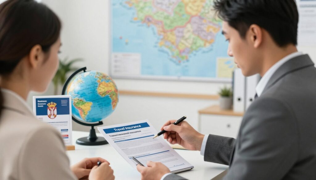 A professional travel insurance scene featuring a travel agent assisting a client. In the foreground, the agent, dressed in business attire, reviews a travel insurance policy with a pen and a tablet. The client, also in professional clothing, appears engaged and interested, looking at the documents. In the middle ground, a globe and brochures about Serbia and healthcare options are displayed on a desk, adding context to the discussion. The background shows a well-lit office with a large map of Serbia on the wall, subtly indicating travel. Soft, natural lighting creates a welcoming atmosphere, while a slight focus blur around the backgrounds emphasizes the central figures, conveying a sense of professionalism and care in travel arrangements.