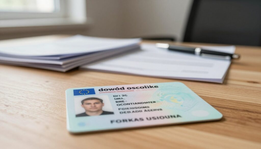 A realistic depiction of a Polish "dowód osobisty" (national ID card) laid on a wooden desk with a soft-focus background featuring a well-organized office environment. In the foreground, the ID card is displayed with clear details, including a photo placeholder, personal information sections, and a holographic security feature. The lighting is warm and inviting, with natural light streaming in from a nearby window, creating subtle shadows. The middle layer shows a blurred stack of travel documents and a pen, suggesting a discussion about identity documents. The atmosphere conveys a sense of professionalism and clarity, emphasizing the importance of identity verification for EU citizens. A realistic depiction of a Polish "dowód osobisty" (national ID card) laid on a wooden desk with a soft-focus background featuring a well-organized office environment. In the foreground, the ID card is displayed with clear details, including a photo placeholder, personal information sections, and a holographic security feature. The lighting is warm and inviting, with natural light streaming in from a nearby window, creating subtle shadows. The middle layer shows a blurred stack of travel documents and a pen, suggesting a discussion about identity documents. The atmosphere conveys a sense of professionalism and clarity, emphasizing the importance of identity verification for EU citizens.