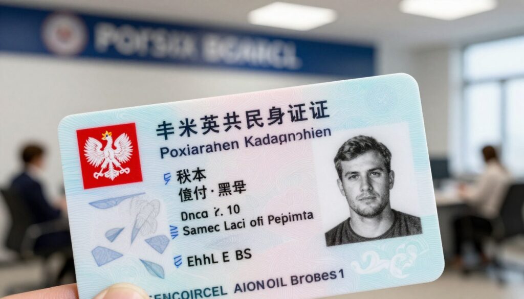 A realistic depiction of a Polish identity card, prominently displayed in the foreground. The card should feature clear, identifiable elements such as the Polish eagle emblem, personal details in an official font, and the cardholder's photograph in a dedicated section. The background should be a blurred administrative office setting, creating a professional atmosphere, with soft natural lighting to enhance clarity. A subtle depth of field effect should draw attention to the identity card itself. The overall mood should convey seriousness and professionalism, emphasizing the importance of valid identification for travel purposes.