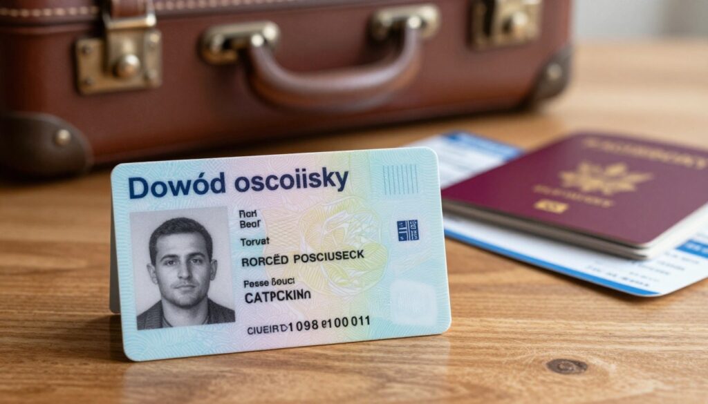 A realistic image of a Polish identity card ("dowód osobisty") prominently displayed in the foreground, showcasing its detailed design, including various security features such as holograms and microprinting. The card should be positioned on a polished wooden desk, surrounded by travel-related items like a passport, a boarding pass, and a vintage suitcase partially open in the background. Soft, natural lighting illuminates the scene, creating a warm and inviting atmosphere. The focus should be sharp on the identity card while the background blurs slightly, emphasizing its importance in the context of travel. Capture a sense of professionalism and readiness, reflecting the theme of necessary documents for extended stays abroad.