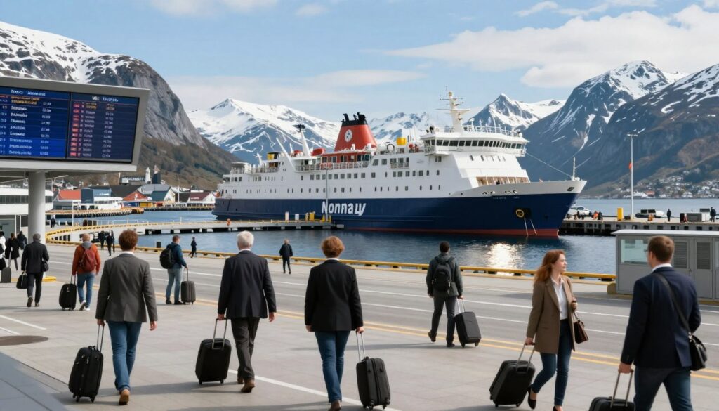 A scenic depiction of transportation options to Norway, showcasing a busy international airport in the foreground with travelers in professional business attire, carrying luggage and checking flight schedules. In the middle ground, a modern ferry docked at a vibrant harbor, surrounded by glistening waters reflecting the sunlight. In the background, majestic snow-capped mountains and a clear blue sky, evoking the natural beauty of Norway. The scene is illuminated by soft, natural lighting, creating an inviting atmosphere. The image captures the essence of travel, highlighting various transportation methods while maintaining a professional and organized representation.