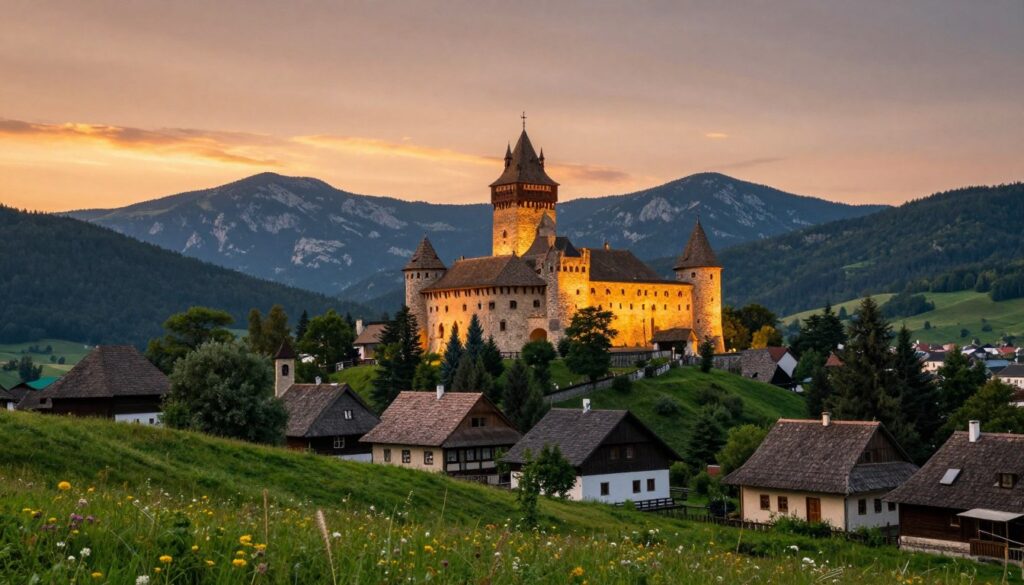 A scenic view of Transylvania's cultural heritage, featuring a picturesque medieval castle against a vibrant sunset sky. In the foreground, lush green hills dotted with wildflowers create a serene atmosphere. The middle ground includes charming villages with traditional Romanian architecture, showcasing historical elements like wooden houses and thatched roofs. In the background, the rugged peaks of the Carpathian Mountains rise majestically, creating a striking contrast. The scene is bathed in warm golden light, illuminating the castle's stone walls, evoking a sense of nostalgia and history. The mood is tranquil yet rich with cultural significance, inviting viewers to explore the deep-rooted heritage of the region. Ensure the landscape is captivating with no human figures present, focusing solely on the architectural and natural beauty of Transylvania.
