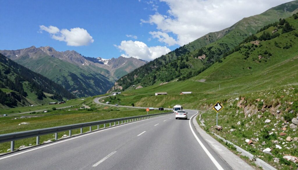 A scenic view of a Georgian road winding through the picturesque Caucasus Mountains, showcasing the natural beauty and typical landscape. In the foreground, a well-maintained road with clear markings and a visible barrier for safety. In the middle ground, a few vehicles, including a small bus and a car, traveling safely along the road. In the background, towering green mountains under a bright blue sky, with a few fluffy clouds. The atmosphere is serene yet alert, conveying both safety and adventure. The lighting is daylight, casting soft shadows and enhancing the vibrant colors of the landscape, emphasizing the importance of road safety in this beautiful region.