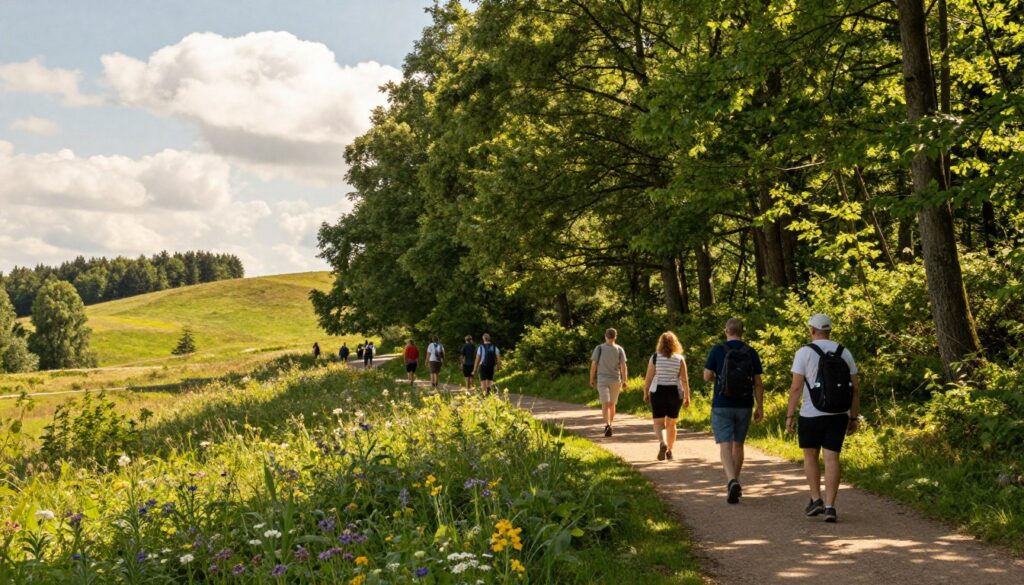 A scenic view of hiking trails in Kampinos National Park, showcasing lush green forests and well-marked paths winding through the landscape. In the foreground, vibrant wildflowers bloom along the trail, while a diverse group of hikers in modest casual clothing enjoy the journey, exploring the natural beauty. In the middle ground, tall trees create a refreshing canopy, dappled sunlight filtering through the leaves and casting playful shadows on the ground. The background features gentle hills that fade into a soft blue sky, with fluffy white clouds adding to the tranquil atmosphere. The image captures a serene mood, inviting viewers to connect with nature and active outdoor experiences in an enchanting setting. Soft, warm lighting emphasizes the beauty of the surroundings.