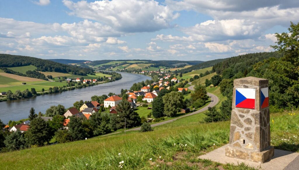 A scenic view of the Polish-Czech border, showcasing a vast landscape where rolling hills meet tranquil rivers and lush forests. In the foreground, a well-defined border mark, perhaps a stone pillar with both Polish and Czech emblems, stands prominently. The middle ground features a picturesque village on the Czech side, with traditional architecture and winding roads leading towards the border. In the background, a blue sky with soft, fluffy clouds casts gentle sunlight over the terrain, enhancing the serenity of the scene. The overall atmosphere is peaceful and harmonious, reflecting the connection between the two nations. The image is captured from a slightly elevated angle, giving a clear overview of the landscape, ideal for illustrating the natural beauty and significance of the longest terrestrial border Poland shares with the Czech Republic. A scenic view of the Polish-Czech border, showcasing a vast landscape where rolling hills meet tranquil rivers and lush forests. In the foreground, a well-defined border mark, perhaps a stone pillar with both Polish and Czech emblems, stands prominently. The middle ground features a picturesque village on the Czech side, with traditional architecture and winding roads leading towards the border. In the background, a blue sky with soft, fluffy clouds casts gentle sunlight over the terrain, enhancing the serenity of the scene. The overall atmosphere is peaceful and harmonious, reflecting the connection between the two nations. The image is captured from a slightly elevated angle, giving a clear overview of the landscape, ideal for illustrating the natural beauty and significance of the longest terrestrial border Poland shares with the Czech Republic.