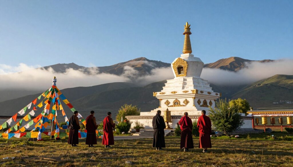 A serene Tibetan landscape showcasing the rich culture of Buddhism in Tibet. In the foreground, a group of Tibetan monks in modest, colorful robes engage in prayer with prayer flags fluttering gently in the wind. The middle ground features a majestic Buddhist stupa adorned with intricate carvings, surrounded by lush greenery and sacred prayer wheels. The background offers a breathtaking view of the Himalayan mountains, partially shrouded in mist, under a clear blue sky, with the sun casting a warm golden light over the scene, creating a peaceful atmosphere. The composition should evoke a sense of tranquility and spirituality, capturing the essence of Tibetan traditions. Use a wide-angle lens to emphasize the vastness of the landscape.