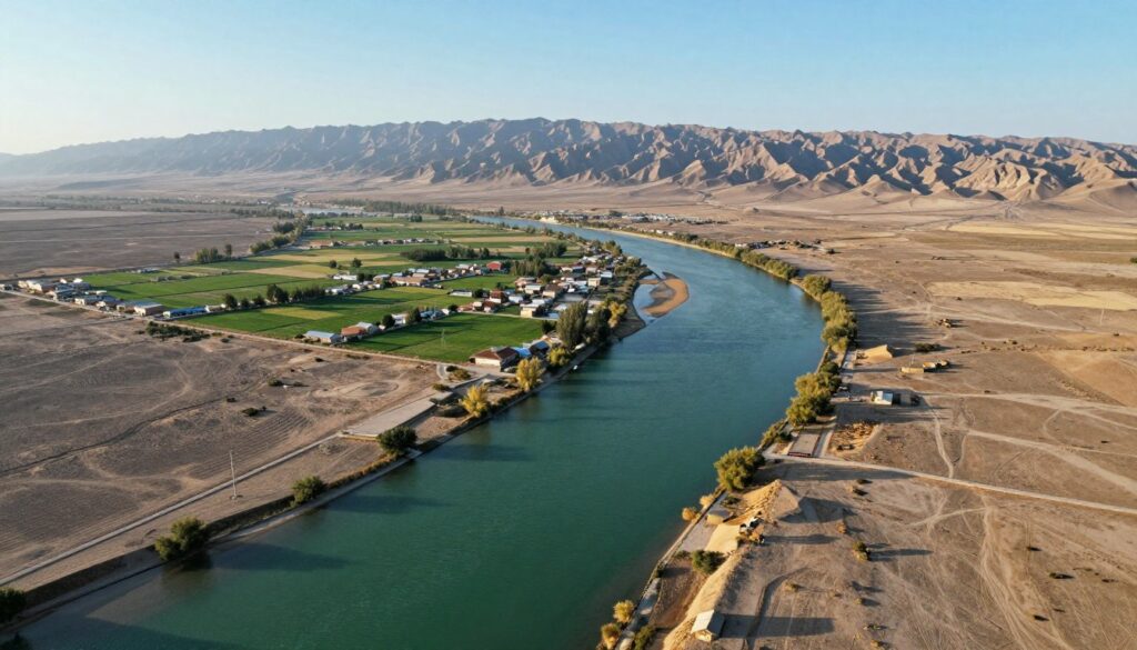 A serene aerial view of Central Asia focusing on the water resources of Uzbekistan. In the foreground, a vibrant verdant river meanders through a dry, arid landscape, illustrating the contrast between water and desert. In the middle ground, lush agricultural fields and small villages dot the banks of the river, showcasing the importance of water for local communities. The background features majestic mountain ranges under a clear blue sky, hinting at the geography of the region. Soft, golden sunlight bathes the scene, casting gentle shadows and highlighting the textures of the land. The atmosphere is peaceful yet reflective of the crucial impact of water resources on regional relationships, emphasizing the dependence on water in a largely arid environment.