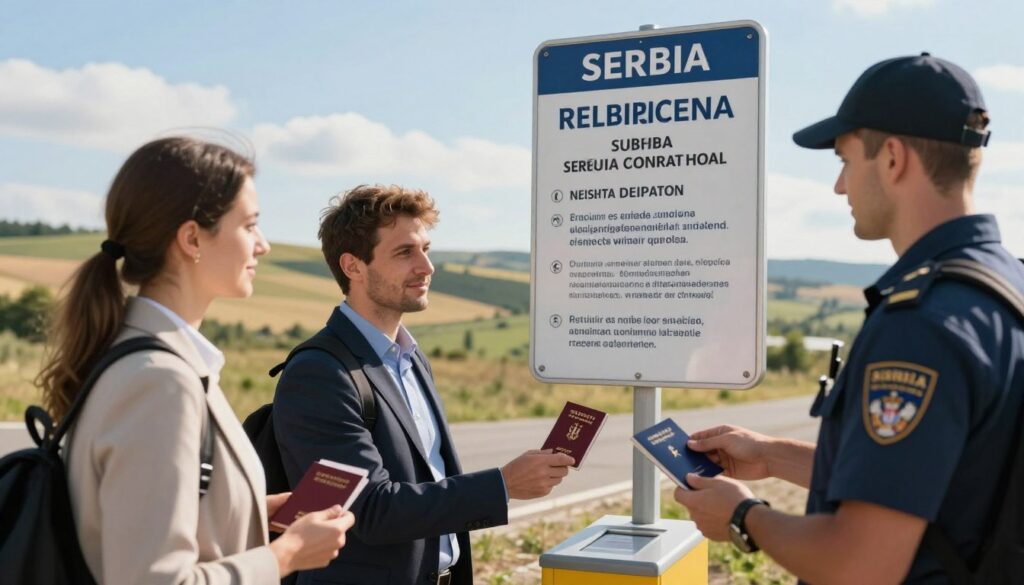 A serene border checkpoint scene illustrating the entry rules for Serbia. In the foreground, travelers in professional business attire are showing their passports to a friendly border guard. In the middle ground, a clear sign displays entry requirements and guidelines in both Serbian and English. The background features rolling hills typical of the Serbian countryside, with a bright blue sky above. Soft, warm lighting bathes the scene, creating a welcoming atmosphere. Capture the moment with a slightly elevated camera angle to emphasize the interaction at the checkpoint, while keeping the focus on the travelers and the informative signage. The overall mood should be one of security and hospitality, reflecting the essence of travel procedures.