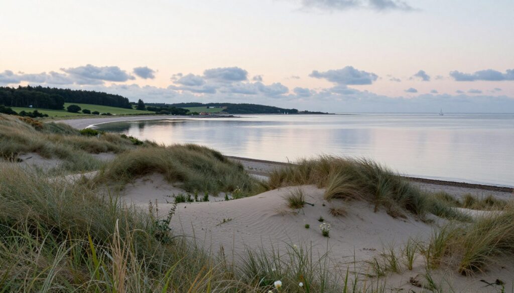 A serene coastal landscape of Denmark showcasing its unique climate and natural conditions. In the foreground, gently rolling sand dunes with sparse grass and scattered wildflowers, reflecting the coastal brush. The middle ground features a calm sea with a smooth surface reflecting the overcast sky, speckled with soft clouds. A few sailboats glide peacefully across the horizon. In the background, the coastline merges with lush green fields and patches of dense forests, indicative of the temperate climate. The lighting is diffused and soft, creating a tranquil atmosphere at dusk. A slight breeze can be inferred by the slight movement of vegetation. The image embodies the harmonious relationship between Denmark’s natural environment and its coastal climate. A serene coastal landscape of Denmark showcasing its unique climate and natural conditions. In the foreground, gently rolling sand dunes with sparse grass and scattered wildflowers, reflecting the coastal brush. The middle ground features a calm sea with a smooth surface reflecting the overcast sky, speckled with soft clouds. A few sailboats glide peacefully across the horizon. In the background, the coastline merges with lush green fields and patches of dense forests, indicative of the temperate climate. The lighting is diffused and soft, creating a tranquil atmosphere at dusk. A slight breeze can be inferred by the slight movement of vegetation. The image embodies the harmonious relationship between Denmark’s natural environment and its coastal climate.