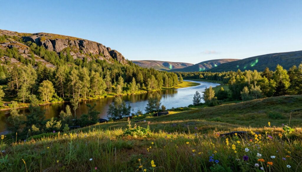A serene landscape depicting the border between Finland and Norway, showcasing lush green forests and rocky hills under a clear blue sky. In the foreground, gently rolling terrain with vibrant wildflowers, symbolizing the natural beauty of the area. In the middle ground, a winding river reflects the sunlight, leading the viewer's eye towards the distant hills where the northern lights can be faintly seen, adding mystical colors to the background. The atmosphere is tranquil and evokes a sense of peaceful coexistence between nature and borders. The lighting is warm and inviting, capturing both the beauty of daytime and hints of the enchanting auroras. The scene is rich in natural detail, creating a harmonious balance in this northern edge of Europe.