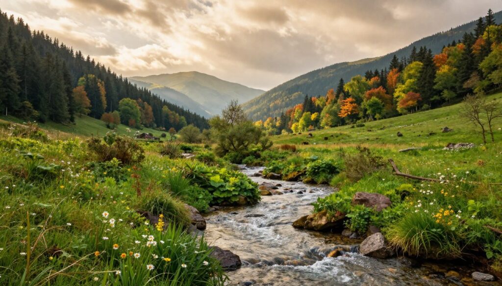 A serene landscape depicting the unique microclimate of the Iwonickiego Potoku valley. In the foreground, a gently flowing stream with crystal-clear water, surrounded by lush, vibrant greenery and scattered wildflowers. In the middle ground, rolling hills adorned with dense forests and colorful foliage, showcasing the rich biodiversity. The background features soft, misty mountains under a cloudy sky, hinting at a tranquil atmosphere. The sunlight filters through the clouds, casting a warm, golden glow on the scene, accentuating the lushness of the vegetation. The overall mood is peaceful and inviting, perfect for showcasing the natural beauty and ecological significance of this area. The composition should be wide-angle, capturing the full expanse of the valley and its surrounding landscape.