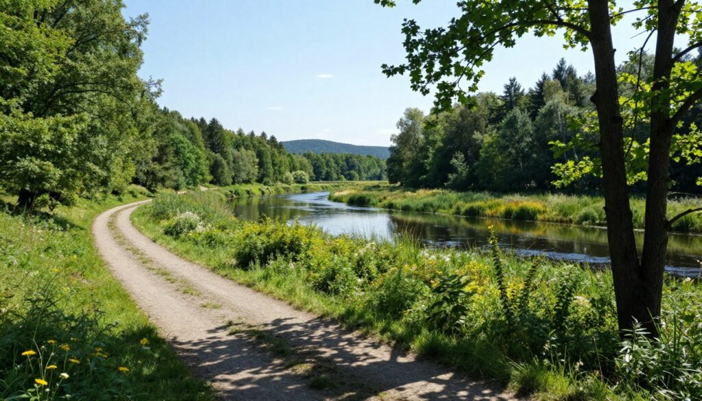 A serene landscape of Kampinoski National Park, showcasing its lush greenery and diverse flora. In the foreground, a gently winding path leads visitors through a mixture of leafy trees and wildflowers, inviting exploration. The middle ground features a tranquil river reflecting the blue sky, surrounded by tall grasses and native shrubs, hinting at the park's rich biodiversity. In the background, dense forests extend towards softly rolling hills under a bright, clear sky, creating a peaceful atmosphere. The sunlight filters through the trees, casting dappled shadows on the path, enhancing the sense of tranquility and natural beauty. The scene captures the essence of an accessible nature retreat just outside Warsaw, encouraging outdoor adventure and relaxation.