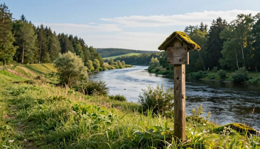 A serene landscape showcasing the shortest section of the border between Poland and Lithuania, featuring a gentle river lined with lush greenery and grassy hills. In the foreground, a quaint wooden border marker stands prominently, partially covered in moss, symbolizing the historic division. The middle ground reveals dense forests on both sides of the river, with a clear blue sky overhead casting soft, warm sunlight that illuminates the scene. In the background, distant rolling hills fade into a soft mist, enhancing the sense of tranquility. Capture this scene from a low angle with a shallow depth of field to emphasize the border marker, creating an inviting and peaceful atmosphere that reflects the natural beauty of the border region. A serene landscape showcasing the shortest section of the border between Poland and Lithuania, featuring a gentle river lined with lush greenery and grassy hills. In the foreground, a quaint wooden border marker stands prominently, partially covered in moss, symbolizing the historic division. The middle ground reveals dense forests on both sides of the river, with a clear blue sky overhead casting soft, warm sunlight that illuminates the scene. In the background, distant rolling hills fade into a soft mist, enhancing the sense of tranquility. Capture this scene from a low angle with a shallow depth of field to emphasize the border marker, creating an inviting and peaceful atmosphere that reflects the natural beauty of the border region.