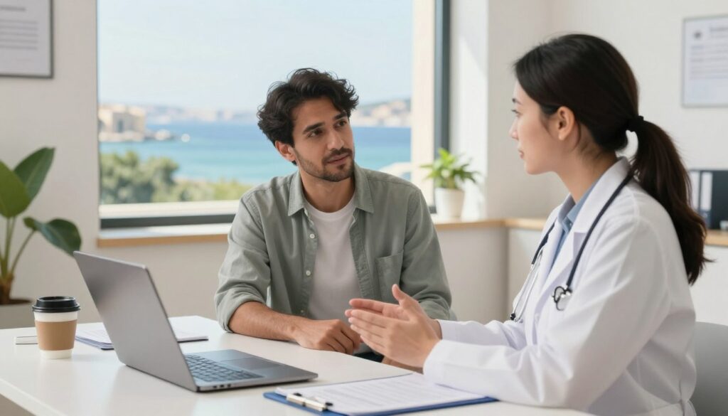 A serene medical consultation scene set in a clean, modern office, featuring a healthcare professional in a crisp white coat, discussing health insurance options with a tourist, dressed in modest casual clothing. The foreground includes a sleek desk with a laptop open, documents, and a cup of coffee. In the middle, the two individuals are engaged in conversation, with expressions of trust and professionalism. In the background, a window reveals a sunny, coastal view of Malta, highlighting the island's beautiful blue waters and lush greenery. Soft, natural lighting floods the room, creating a warm and inviting atmosphere, with a lens focus that emphasizes the interaction while gently blurring the background.