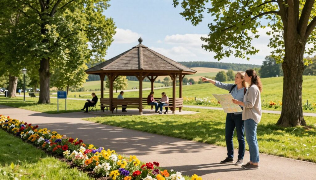 A serene park scene in Lądek-Zdrój, showcasing practical tips for visitors. In the foreground, a well-maintained walking path bordered by vibrant green grass and colorful flower beds. A couple of visitors dressed in modest casual clothing consult a map, smiling and pointing towards a nearby attraction. In the middle ground, a charming wooden gazebo surrounded by trees offers shaded seating for relaxation, with visitors engaging in light activities like reading and chatting. The background features rolling hills and a clear blue sky, enhancing the tranquil atmosphere. Soft, warm sunlight filters through the leaves, casting dappled shadows on the ground. The overall mood is inviting and friendly, encouraging a leisurely exploration of nature and local attractions.