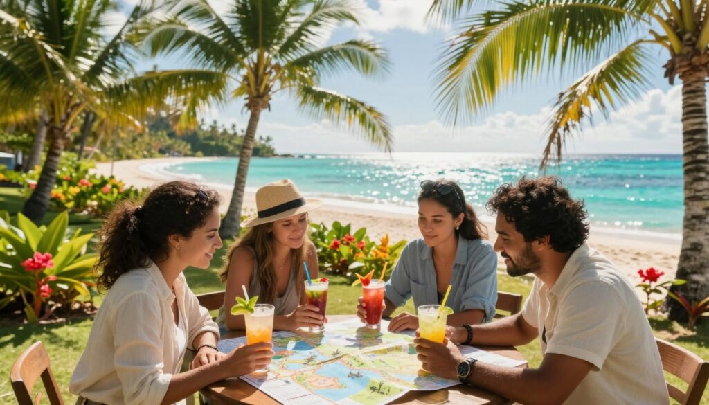 A serene, picturesque scene depicting the planning of a trip to the Caribbean island of Martinique. In the foreground, a diverse group of three individuals in casual, modest clothing, gathered around a vibrant travel map spread across a wooden table. They are enthusiastic and focused, with tropical drinks in hand. The middle ground showcases lush palm trees and colorful flowers, hinting at the island's rich flora. In the background, a stunning turquoise ocean glistens under the warm sun, with a backdrop of soft, white sandy beaches. The lighting is bright and inviting, creating a joyful and adventurous atmosphere. Capture this scene with a wide angle lens to emphasize the beauty of both the group and the enchanting island landscape.