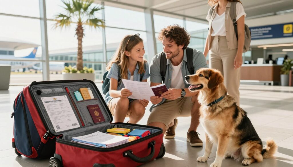 A serene travel scene featuring a Polish family preparing for their journey with their beloved dog. In the foreground, a well-organized travel bag is open, revealing pet documents, travel essentials, and a passport. The middle ground shows the family—dressed in comfortable, modest travel attire—happily discussing their plans, while the dog sits excitedly next to them. In the background, a picturesque, sunlit airport with a welcoming atmosphere is visible, showcasing palm trees and travel signage that hints at exotic destinations. Soft, natural lighting enhances the warm, anticipatory mood, evoking the joy of traveling with pets. The scene is captured from a slight angle to create depth, emphasizing both the family’s bond and their delightful adventure ahead. A serene travel scene featuring a Polish family preparing for their journey with their beloved dog. In the foreground, a well-organized travel bag is open, revealing pet documents, travel essentials, and a passport. The middle ground shows the family—dressed in comfortable, modest travel attire—happily discussing their plans, while the dog sits excitedly next to them. In the background, a picturesque, sunlit airport with a welcoming atmosphere is visible, showcasing palm trees and travel signage that hints at exotic destinations. Soft, natural lighting enhances the warm, anticipatory mood, evoking the joy of traveling with pets. The scene is captured from a slight angle to create depth, emphasizing both the family’s bond and their delightful adventure ahead.