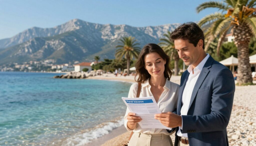 A serene travel scene featuring a professional-looking couple standing confidently near a picturesque beach in Albania, enjoying the warm sun and crystal-clear waters. In the foreground, they are reviewing a travel insurance document thoughtfully while sporting smart casual clothing, conveying security and peace of mind. The middle ground showcases the stunning coastline with palm trees swaying gently in the breeze, emphasizing relaxation and adventure. In the background, the majestic Albanian mountains rise against a vibrant blue sky, suggesting exploration and discovery. Soft, golden sunlight bathes the scene, creating a hopeful and optimistic atmosphere, with a shallow depth of field to focus on the couple and their document while gently blurring the beautiful Albanian landscape behind them.