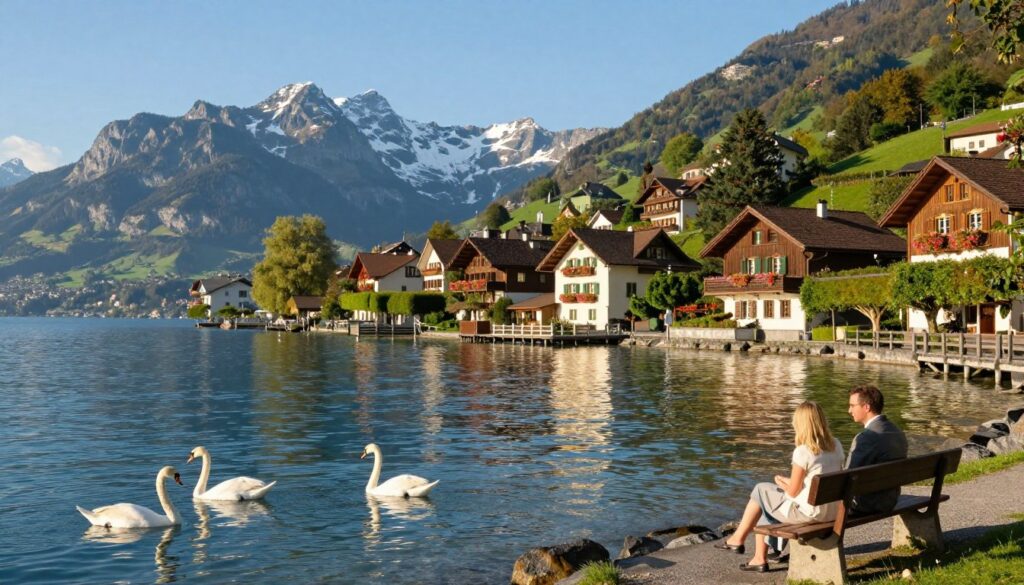 A serene view of Lake Geneva, showcasing its stunning blue waters reflecting the sky, surrounded by lush green hills. In the foreground, graceful swans glide across the lake's surface, while a couple enjoys a peaceful moment on a quaint lakeside bench, dressed in smart casual clothing. The middle ground features charming village houses with traditional Swiss architecture clinging to the shores, accented by vibrant flowers in window boxes. In the background, the majestic Alps rise dramatically, their peaks dusted with snow under a bright blue sky. Soft, golden sunlight bathes the scene, creating a warm, inviting atmosphere. Capture this picturesque moment from a slightly elevated angle to emphasize the lake's beauty and the surrounding landscape, evoking a sense of tranquility and the French influence in the region. A serene view of Lake Geneva, showcasing its stunning blue waters reflecting the sky, surrounded by lush green hills. In the foreground, graceful swans glide across the lake's surface, while a couple enjoys a peaceful moment on a quaint lakeside bench, dressed in smart casual clothing. The middle ground features charming village houses with traditional Swiss architecture clinging to the shores, accented by vibrant flowers in window boxes. In the background, the majestic Alps rise dramatically, their peaks dusted with snow under a bright blue sky. Soft, golden sunlight bathes the scene, creating a warm, inviting atmosphere. Capture this picturesque moment from a slightly elevated angle to emphasize the lake's beauty and the surrounding landscape, evoking a sense of tranquility and the French influence in the region.
