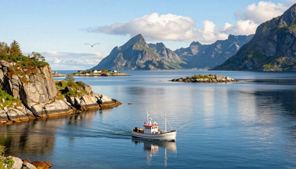 A serene view of Norway's extensive maritime borders, showcasing a rugged coastline with dramatic cliffs and lush greenery. In the foreground, a traditional fishing boat glides through clear blue waters, illustrating Norway's rich maritime culture and economic reliance on the sea. In the middle ground, small islands dot the horizon, while seabirds soar above, emphasizing the natural beauty of the region. The background features the distant silhouette of majestic mountains under a bright, sunny sky with fluffy white clouds, creating a vibrant, inviting atmosphere. The lighting casts warm tones on the water, reflecting the coastal landscape beautifully. Capture this scene from a slightly elevated angle, giving a comprehensive view of Norway's diverse seascape, highlighting its significance in both geography and economy.