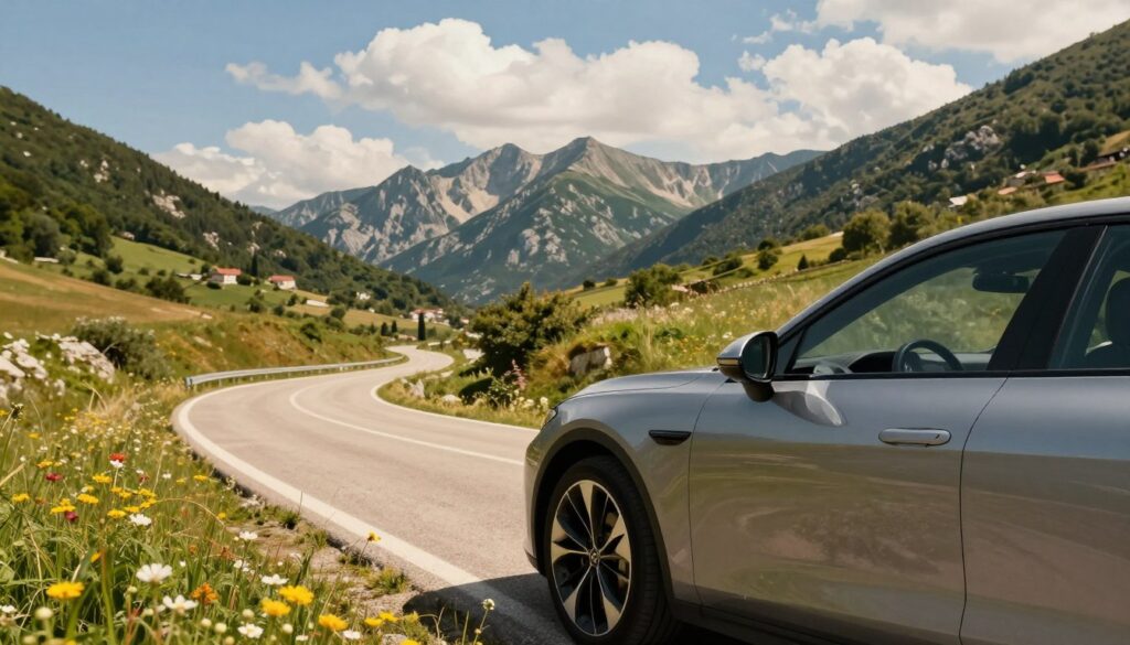 A sleek, modern car parked by a scenic landscape, showcasing a journey through Montenegro's picturesque countryside. In the foreground, the car is prominently displayed, highlighting its polished exterior and clean lines. The middle ground features winding roads leading towards the mountains, with verdant hills and patches of wildflowers adding color. In the background, majestic mountains rise under a clear blue sky with fluffy white clouds, creating a sense of adventure. Warm, natural lighting bathes the scene, giving it a welcoming atmosphere. The angle captures both the car and the stunning landscape, inviting viewers to imagine a road trip. The overall mood is one of excitement and exploration, ideal for travel enthusiasts.