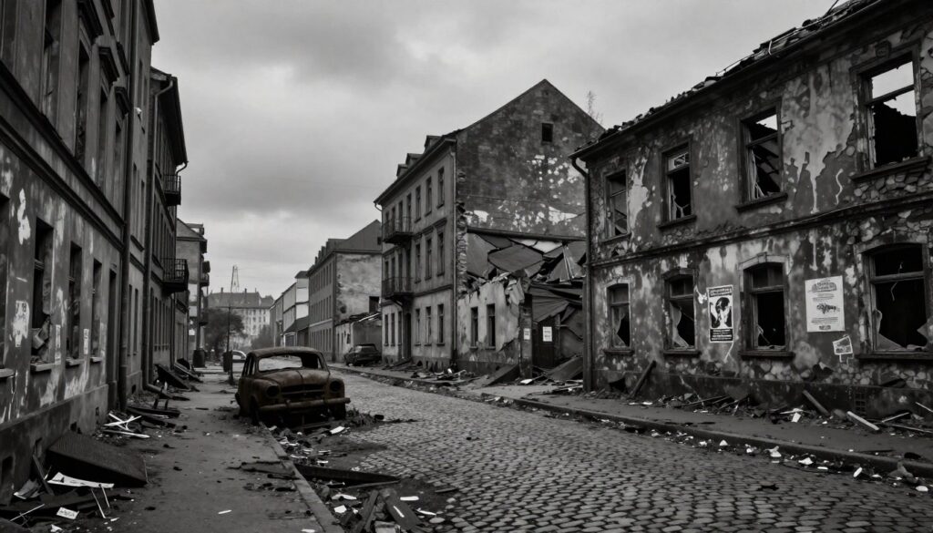 A somber and reflective scene depicting Hamburg in 1943, with the foreground showing remnants of war: partially destroyed buildings with crumbling facades and shattered windows, evoking a sense of loss. In the middle ground, a street lined with old cobblestones reflects the impact of wartime devastation, perhaps with an abandoned vehicle rusting quietly. The background features a gray, overcast sky, casting a muted light over the city. Incorporate subtle details like scattered debris and faded posters on walls, hinting at life before the war. The atmosphere should be heavy and melancholic, capturing the tragic legacy of World War II. Use a wide-angle lens to enhance the depth of the scene, focusing on the interplay of light and shadow to evoke a poignant mood.