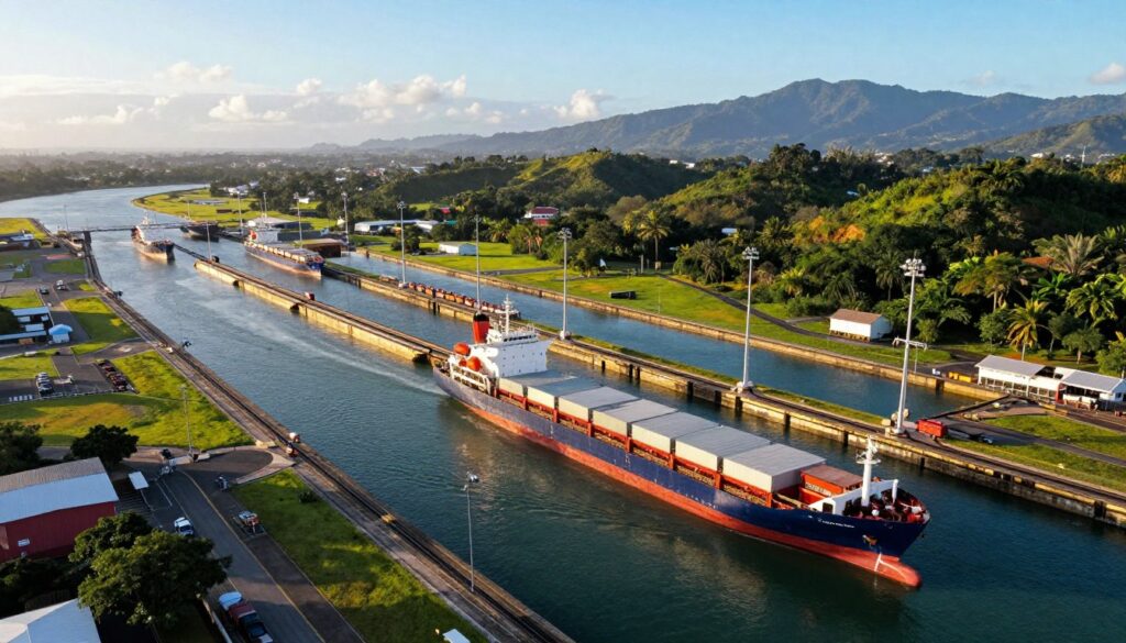 A stunning aerial view of the Panama Canal, showcasing its intricate network of locks and waterways that connect the Atlantic and Pacific Oceans. In the foreground, large cargo ships navigate through the canal, highlighting the hustle and bustle of global trade. The middle ground features lush green hills and dense tropical vegetation, illustrating the natural beauty of Panama alongside human engineering. In the background, distant mountains rise under a clear blue sky, and soft sunlight casts warm glows on the water’s surface. A sense of motion and purpose fills the scene, evoking the canal's significance as the heart of international commerce. The perspective is from above, using a slight tilt to enhance depth and dynamism, with vibrant colors to create an engaging and inspiring atmosphere. A stunning aerial view of the Panama Canal, showcasing its intricate network of locks and waterways that connect the Atlantic and Pacific Oceans. In the foreground, large cargo ships navigate through the canal, highlighting the hustle and bustle of global trade. The middle ground features lush green hills and dense tropical vegetation, illustrating the natural beauty of Panama alongside human engineering. In the background, distant mountains rise under a clear blue sky, and soft sunlight casts warm glows on the water’s surface. A sense of motion and purpose fills the scene, evoking the canal's significance as the heart of international commerce. The perspective is from above, using a slight tilt to enhance depth and dynamism, with vibrant colors to create an engaging and inspiring atmosphere.