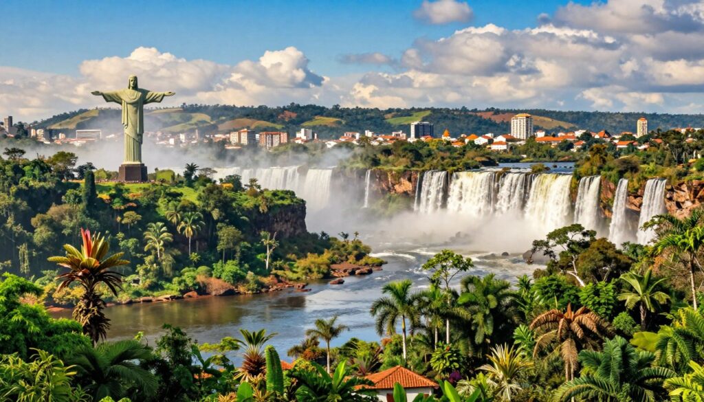 A stunning panoramic view of Brazil's most important tourist regions showcased in a harmonious landscape. In the foreground, vibrant greenery represents the Amazon Rainforest with exotic flora and fauna, while a tranquil river reflects the lush surroundings. The middle ground features iconic landmarks such as the Christ the Redeemer statue overlooking the bustling city of Rio de Janeiro, and the majestic Iguazu Falls cascading into a misty abyss. The background includes the rolling hills of Minas Gerais, dotted with colonial architecture, under a bright blue sky with soft, white clouds. The lighting is warm and inviting, capturing the energy and beauty of Brazilian tourism. The overall mood is uplifting, vibrant, and idyllic, illustrating the rich diversity of experiences awaiting visitors in Brazil.