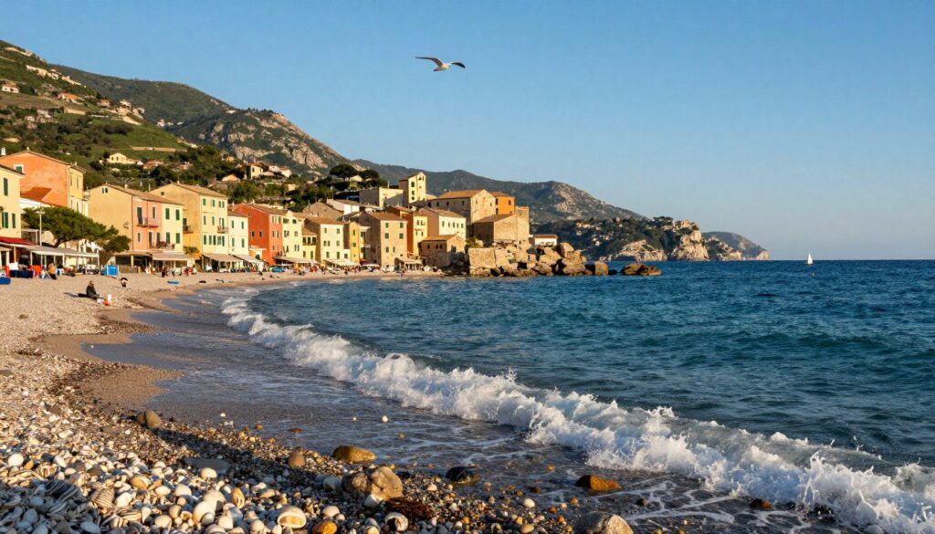 A stunning view of the coastal boundaries of the Adriatic Sea, capturing the intricate shoreline of Italy with its rugged cliffs and serene beaches. In the foreground, vivid waves crash gently onto the shore, scattered with smooth pebbles and seashells. The middle ground features a picturesque fishing village with charming, colorful houses that reflect traditional Italian architecture. In the background, beautiful rolling hills and lush green vegetation contrast with the deep blue sea under a clear sky. The lighting is warm and inviting, suggesting late afternoon sunlight casting long shadows. The atmosphere is tranquil yet lively, with a few boats sailing in the distance and seagulls soaring above, evoking a sense of peace and connection with nature. The composition is framed to create an expansive view, emphasizing the significance of the maritime borders.