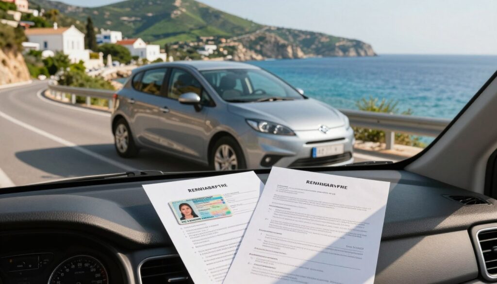 A stylish rental car parked on a coastal road in Greece, surrounded by clear blue seas and vibrant green hills, with a backdrop of traditional Greek architecture. In the foreground, a detailed close-up of vehicle rental documents, including a driver's license and a rental agreement, elegantly arranged on the dashboard. Soft, warm lighting casts gentle shadows, enhancing the scene's vacation feel. The camera angle is slightly elevated, capturing the car's sleek lines and the scenic coastal view beyond. The atmosphere is inviting, evoking a sense of adventure and travel, suitable for those preparing for road trips through Greece, with no people present to maintain focus on the subject matter.