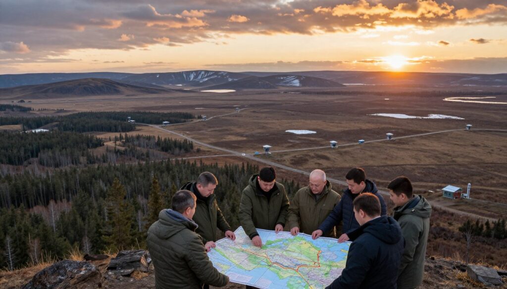 A vast, panoramic view of Russia's expansive border territory, showcasing its diverse landscapes—from dense forests and sweeping plains to rugged mountains and icy tundras. In the foreground, a group of professional figures, dressed in warm, practical outdoor clothing, are examining a detailed topographic map on a large table, symbolizing strategic planning for territorial protection. The middle ground features a network of border security infrastructure, such as watchtowers and patrol routes, blending seamlessly into the natural surroundings. In the background, a dramatic sunset casts warm golden hues over the landscape, creating a reflection of the challenges and responsibilities of safeguarding such a large region. The overall atmosphere conveys a sense of purpose and vigilance against the backdrop of natural beauty. A vast, panoramic view of Russia's expansive border territory, showcasing its diverse landscapes—from dense forests and sweeping plains to rugged mountains and icy tundras. In the foreground, a group of professional figures, dressed in warm, practical outdoor clothing, are examining a detailed topographic map on a large table, symbolizing strategic planning for territorial protection. The middle ground features a network of border security infrastructure, such as watchtowers and patrol routes, blending seamlessly into the natural surroundings. In the background, a dramatic sunset casts warm golden hues over the landscape, creating a reflection of the challenges and responsibilities of safeguarding such a large region. The overall atmosphere conveys a sense of purpose and vigilance against the backdrop of natural beauty.