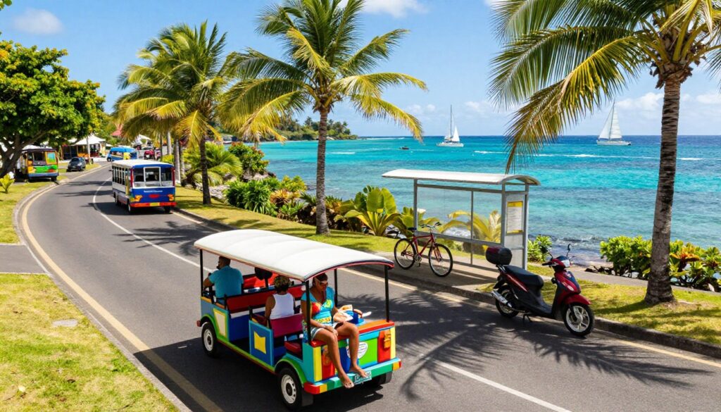 A vibrant Caribbean island scene showcasing various modes of transport on Martinique. In the foreground, a colorful open-air taxi with passengers dressed in casual beach attire, basking in the warm sunlight. The middle ground features a winding road lined with lush palm trees, where a bicycle and a scooter are parked beside a bus stop. In the background, the sparkling turquoise sea glimmers under a clear blue sky, with sailboats gently swaying on the waves. The atmosphere is lively and inviting, reflecting the tropical charm of the island. The lighting is bright and sunny, with shadows cast by the vibrant foliage. Capture this setting with a slightly elevated angle to encompass the diverse transport options available to tourists.
