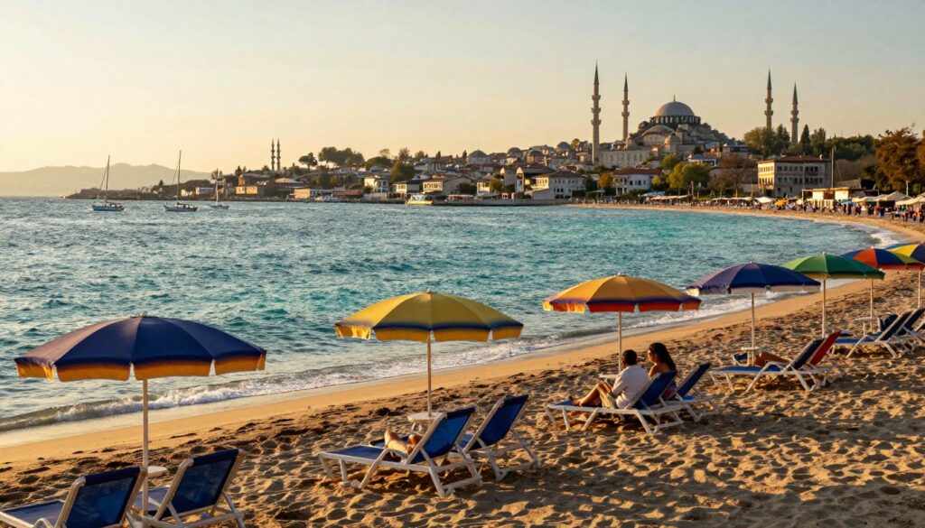 A vibrant Turkish seaside destination showcasing a stunning beach scene during the golden hour. In the foreground, colorful beach umbrellas and lounge chairs provide a inviting atmosphere, with a couple of travelers in modest casual attire enjoying the sun. The middle ground features a picturesque coastline with clear turquoise waters gently lapping at the shore. Several sailboats dot the horizon, harnessing the tranquil breeze. In the background, the iconic silhouette of historical Turkish architecture, such as minarets and ancient structures, is illuminated by the warm light of the setting sun, casting long shadows on the sandy beach. This idyllic scene conveys a sense of relaxation and adventure, inviting viewers to explore the popular tourist destinations in Turkey.