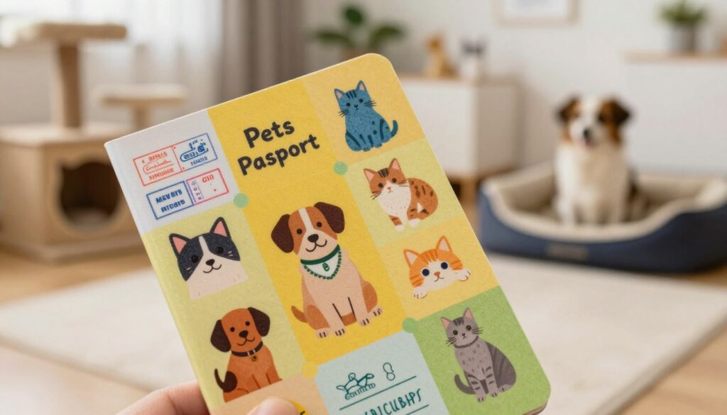 A vibrant and detailed image of a pet passport for animals, prominently displayed in the foreground, showcasing its colorful cover with playful animal illustrations like dogs and cats. The background features a cozy living room setting with pet supplies, such as a cat tree and dog bed, hinting at a loving environment for pets. Soft, warm lighting fills the scene, creating a welcoming atmosphere that emphasizes the importance of pet travel documentation. A close-up perspective captures the passport's unique features, such as official stamps, leaving a sense of importance and security regarding traveling with pets. The overall mood is cheerful and informative, representing the essence of pet companionship during travel.
